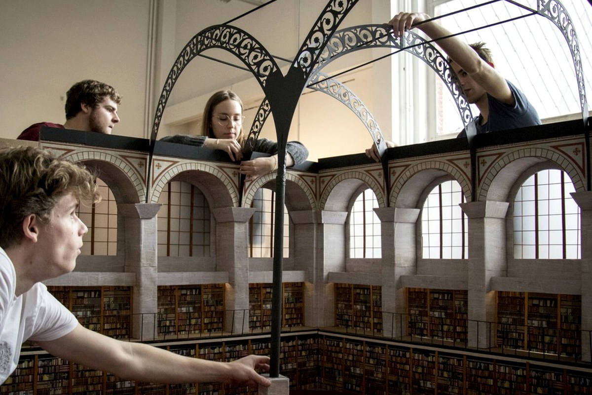 A historic reading hall with arched interior details.