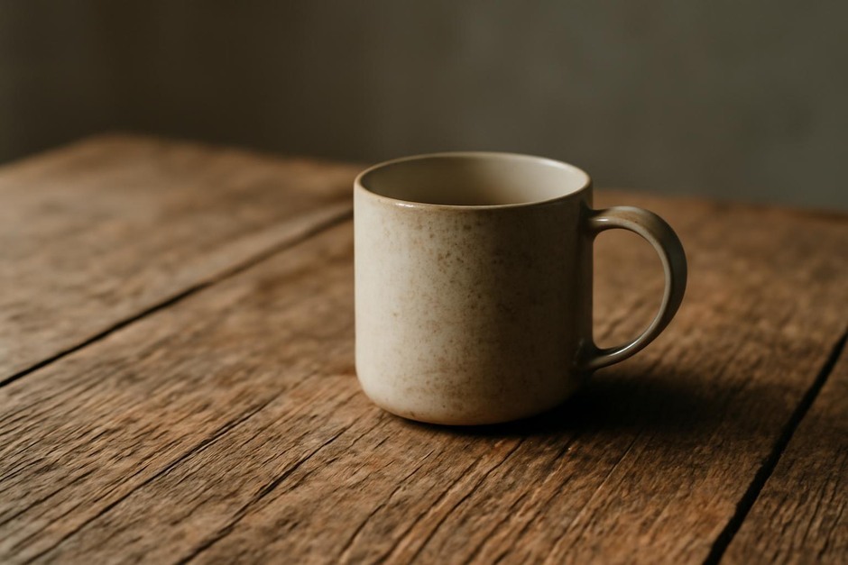 Close-up photograph showing texture and form of a worn wooden table with a ceramic mug