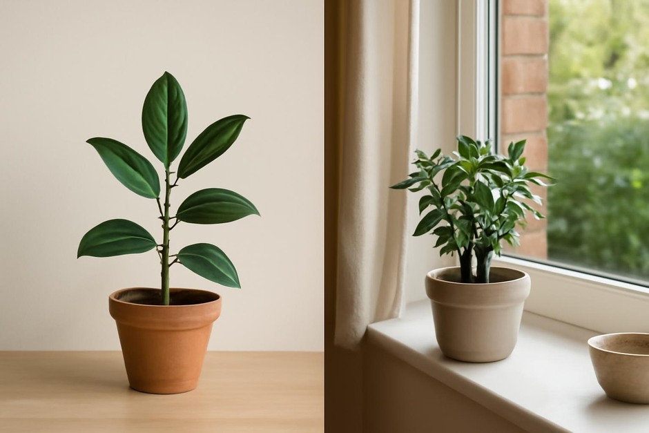 A potted plant against a plain background on one side and a plant on a windowsill with surroundings on the other