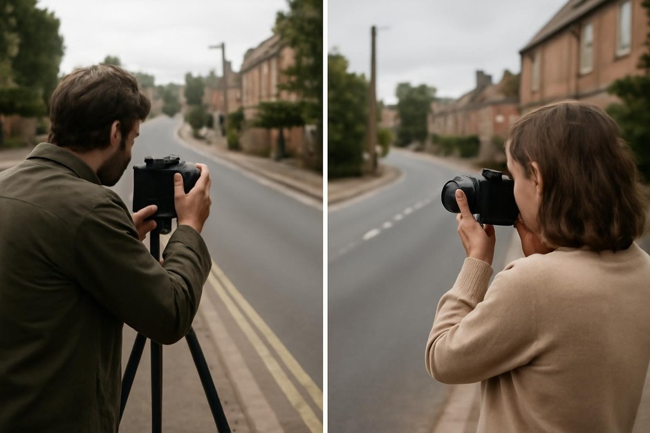 Photographer with tripod looking at a quiet street; another image of a person shooting handheld