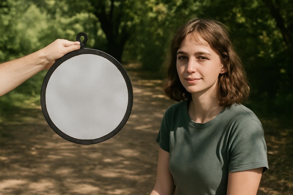 Hand holding a small collapsible reflector beside a subject under dappled shade